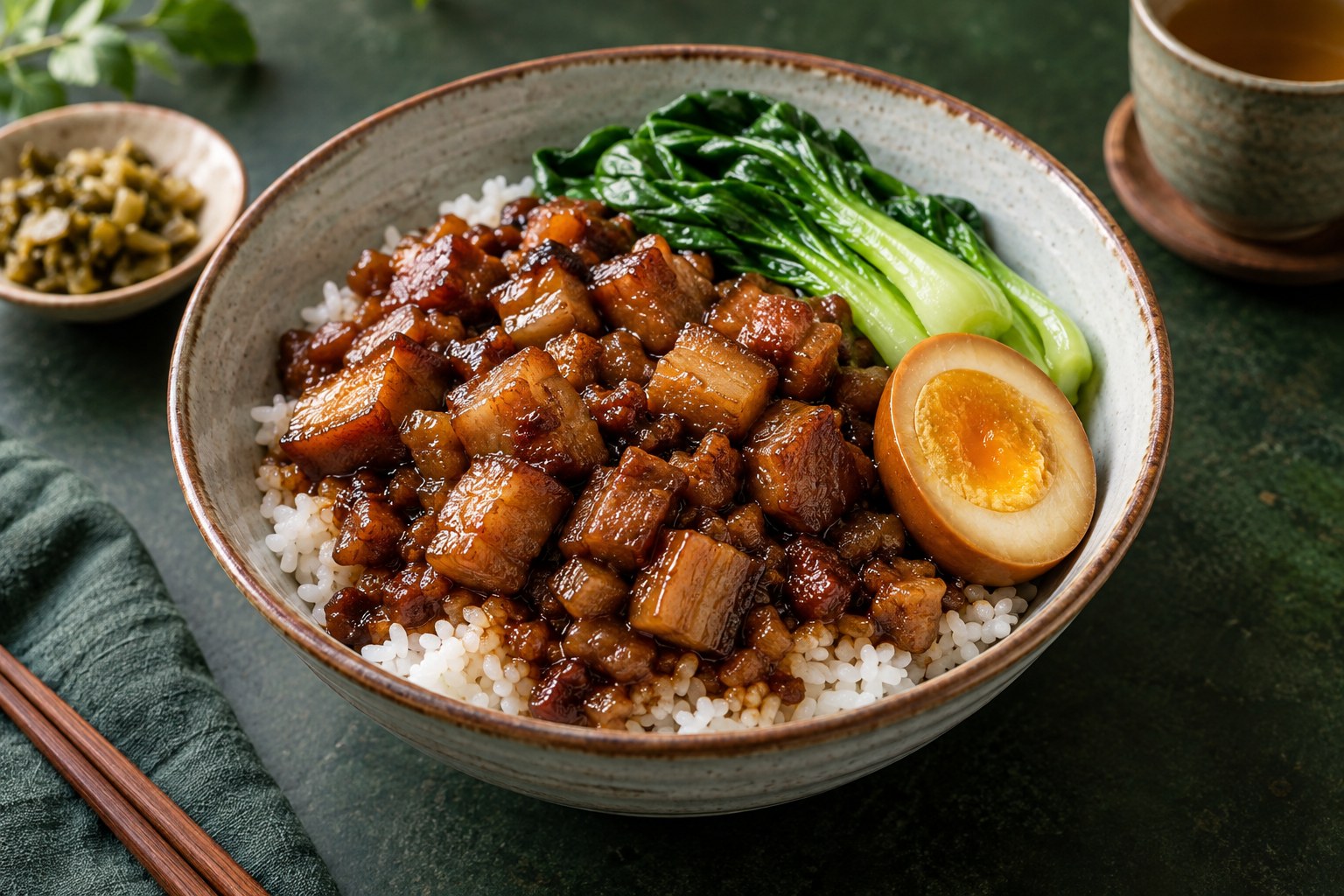 卤肉饭搭配青菜与卤蛋的餐食示意图